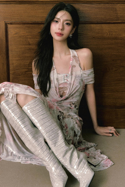 Rose Butterfly One Shoulder Mesh Dress