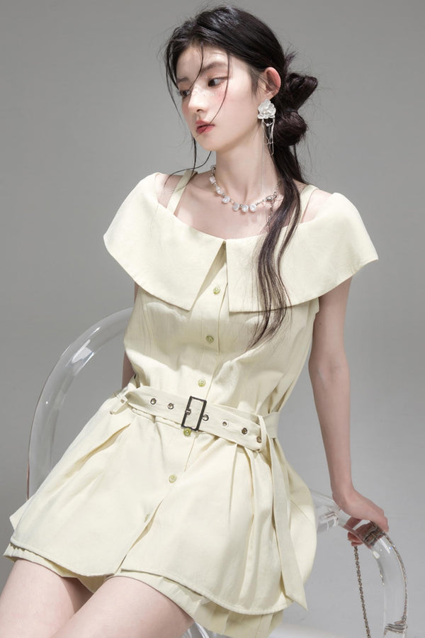 Layered Green Cutout Shirt & Pleat Shorts Set