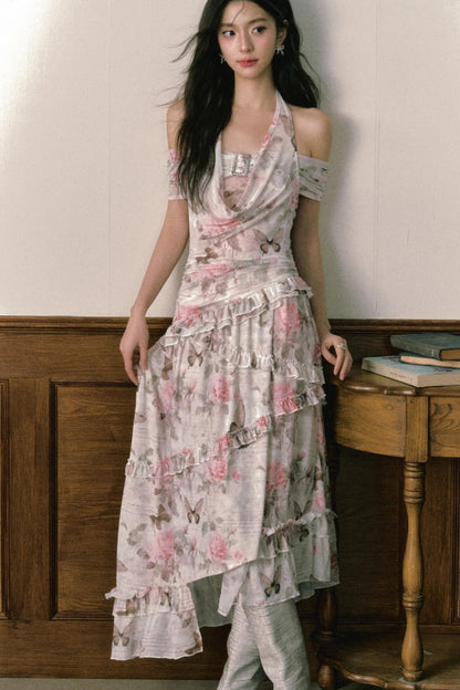 Rose Butterfly One Shoulder Mesh Dress