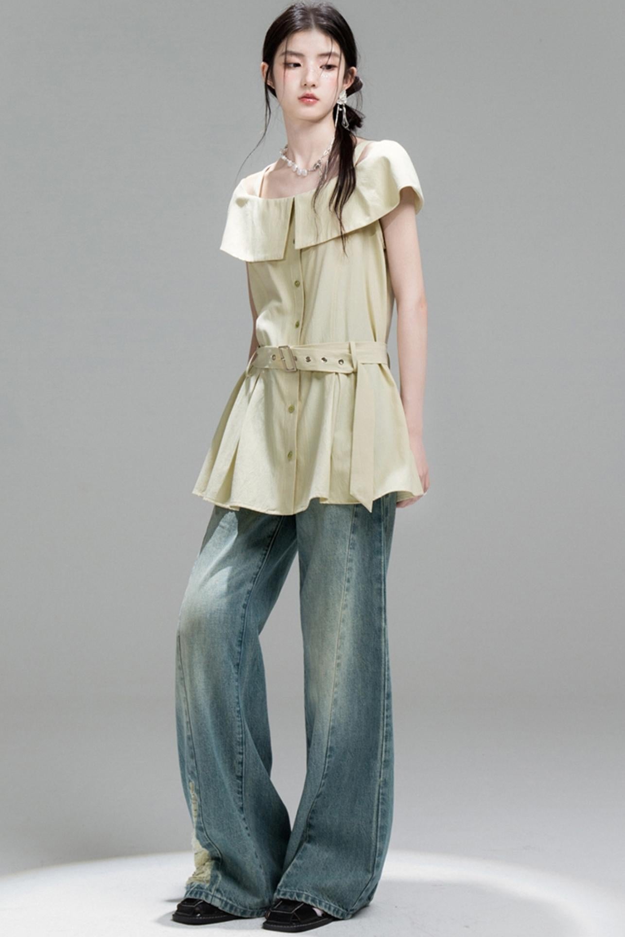 Layered Green Cutout Shirt & Pleat Shorts Set