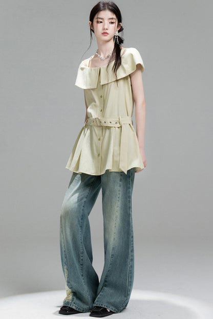 Layered Green Cutout Shirt & Pleat Shorts Set