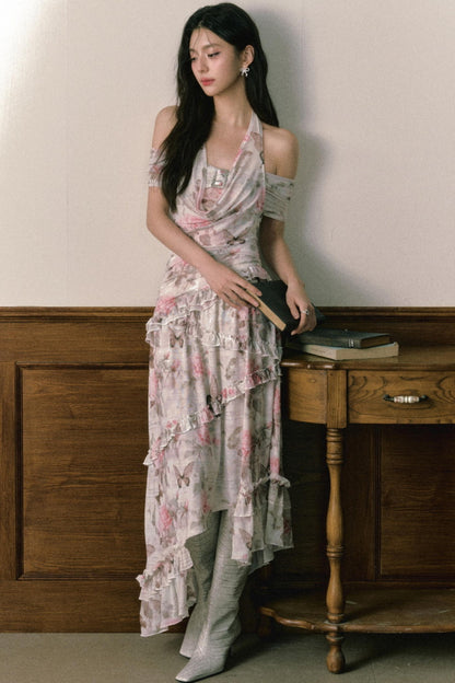 Rose Butterfly One Shoulder Mesh Dress