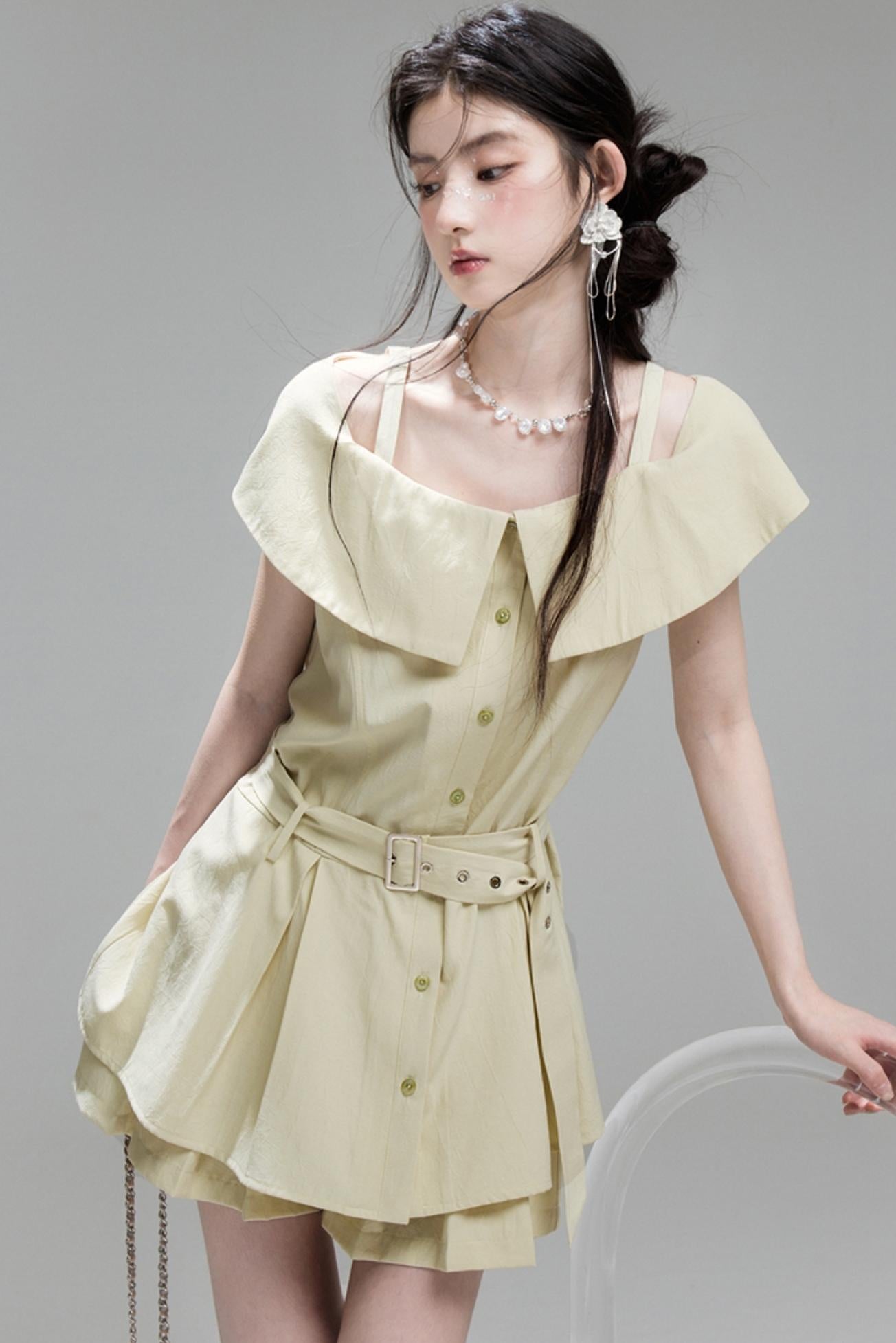 Layered Green Cutout Shirt & Pleat Shorts Set