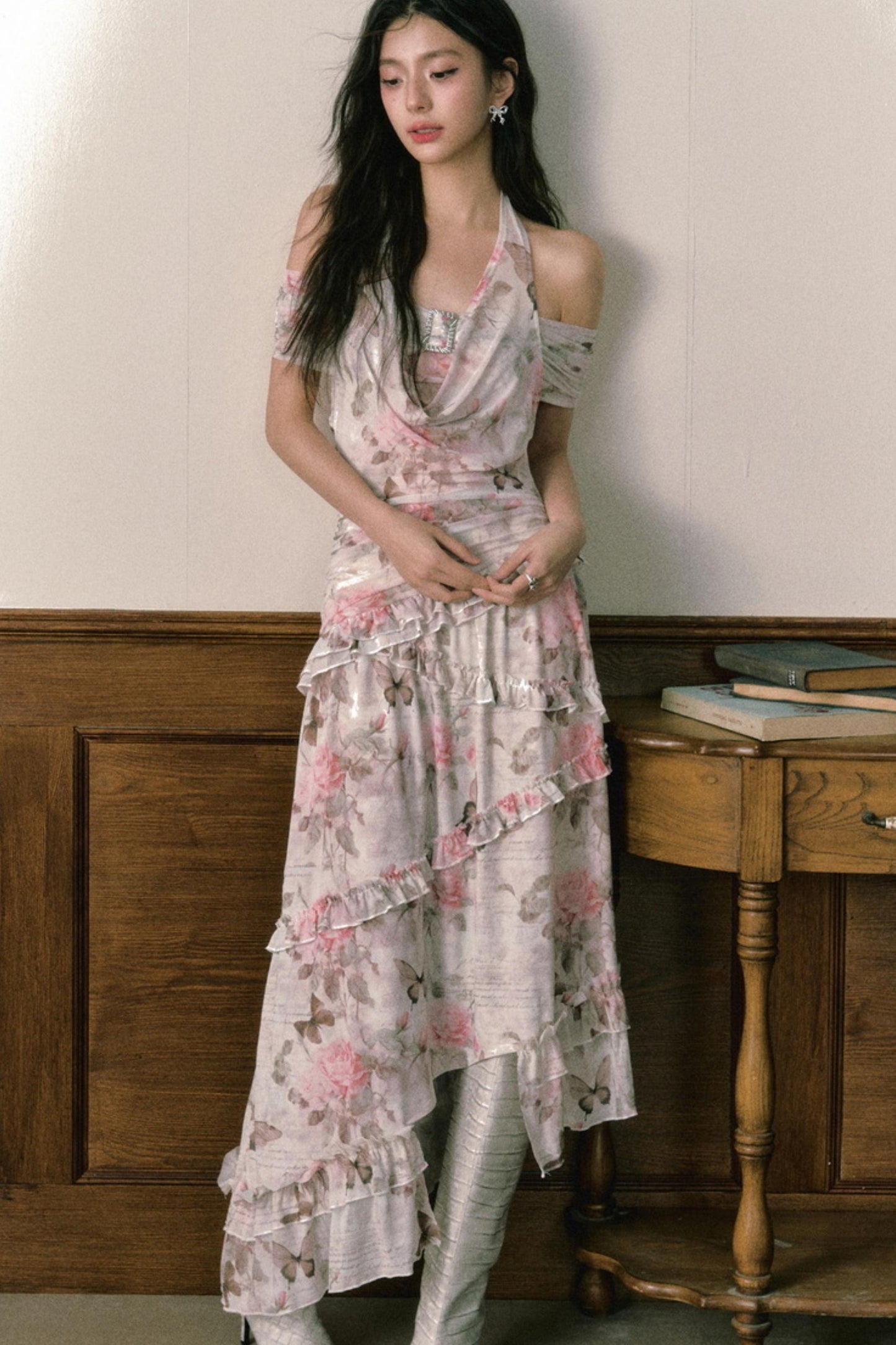 Rose Butterfly One Shoulder Mesh Dress