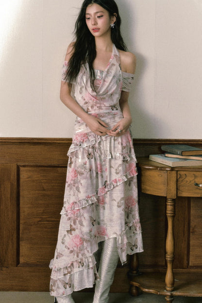 Rose Butterfly One Shoulder Mesh Dress