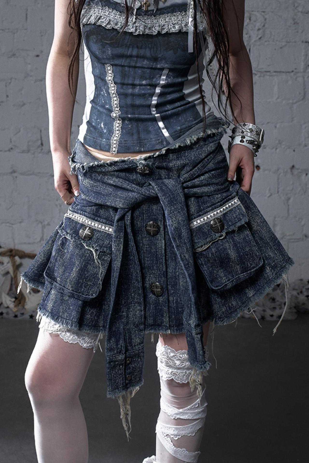 Punk Washed Denim Shirt Skirt