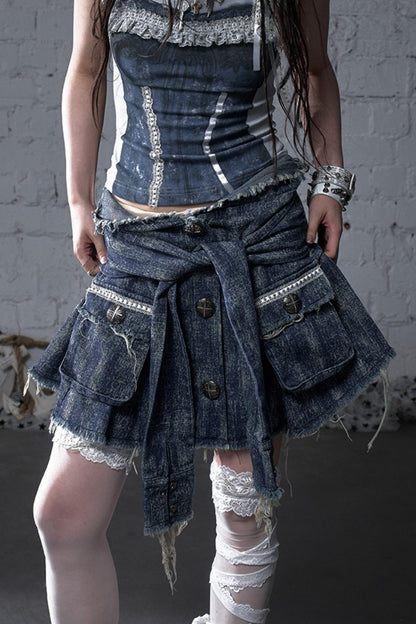 Punk Washed Denim Shirt Skirt