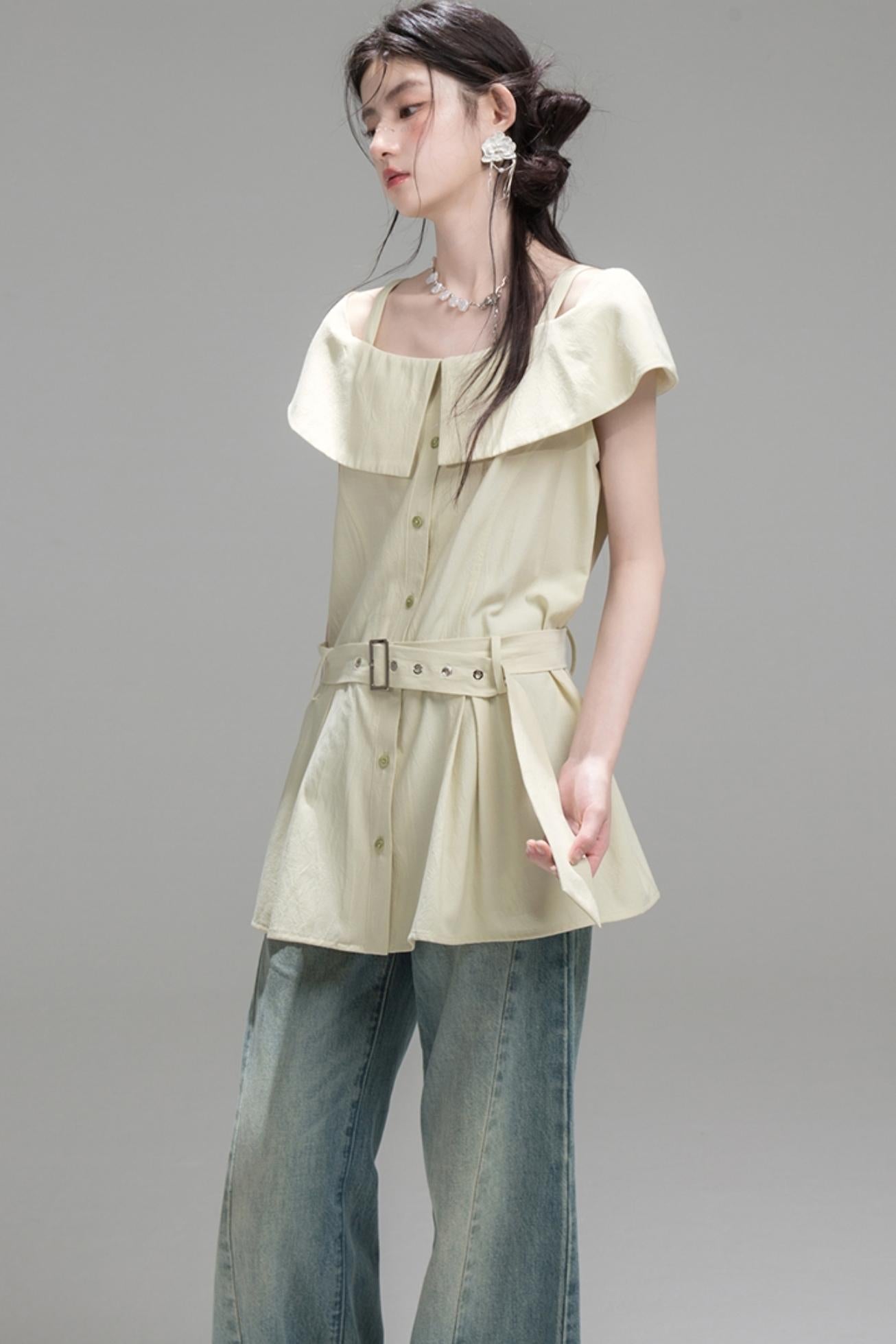 Layered Green Cutout Shirt & Pleat Shorts Set