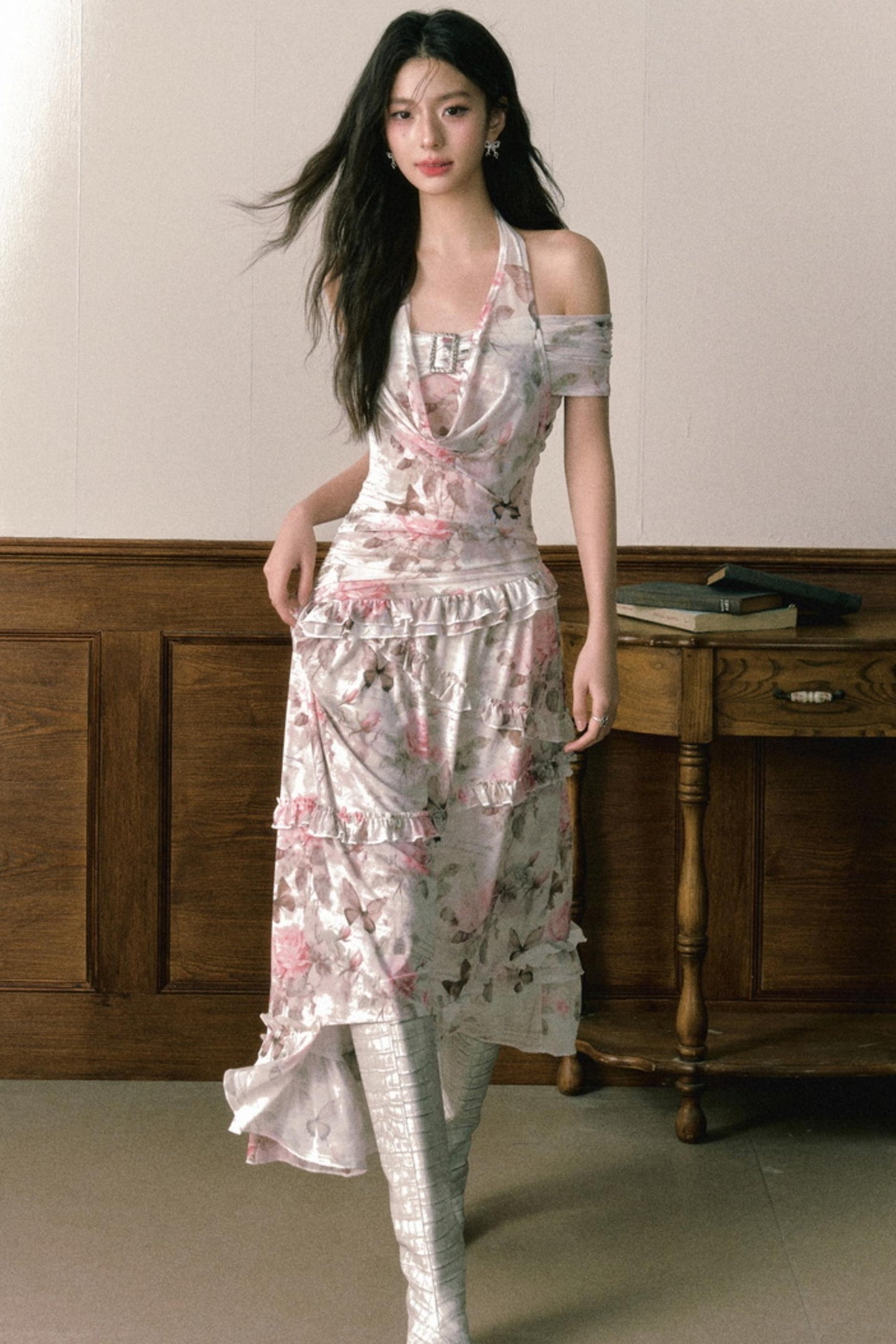 Rose Butterfly One Shoulder Mesh Dress