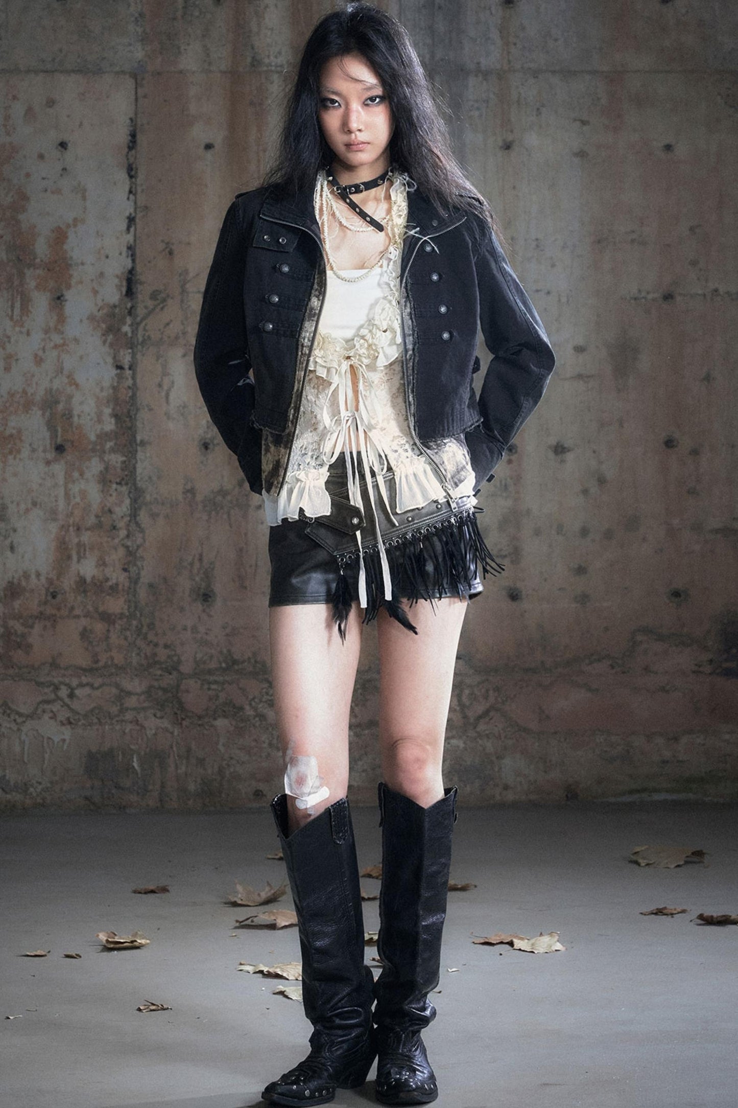 Stand Collar Distressed Patchwork Jacket