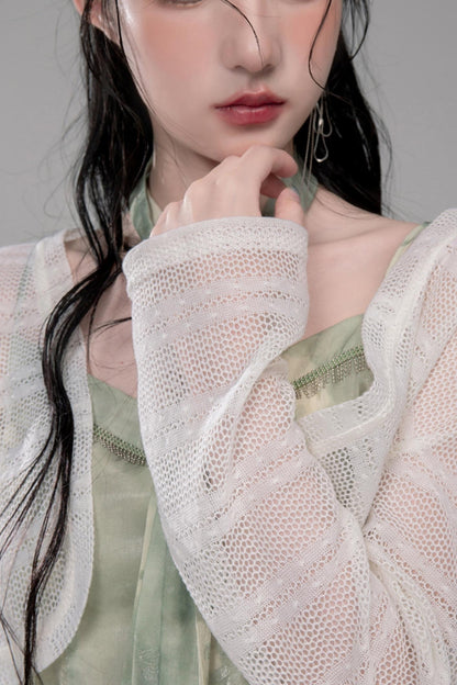 라인란트 그린 메탈릭 태슬 프린트 원피스 셋업