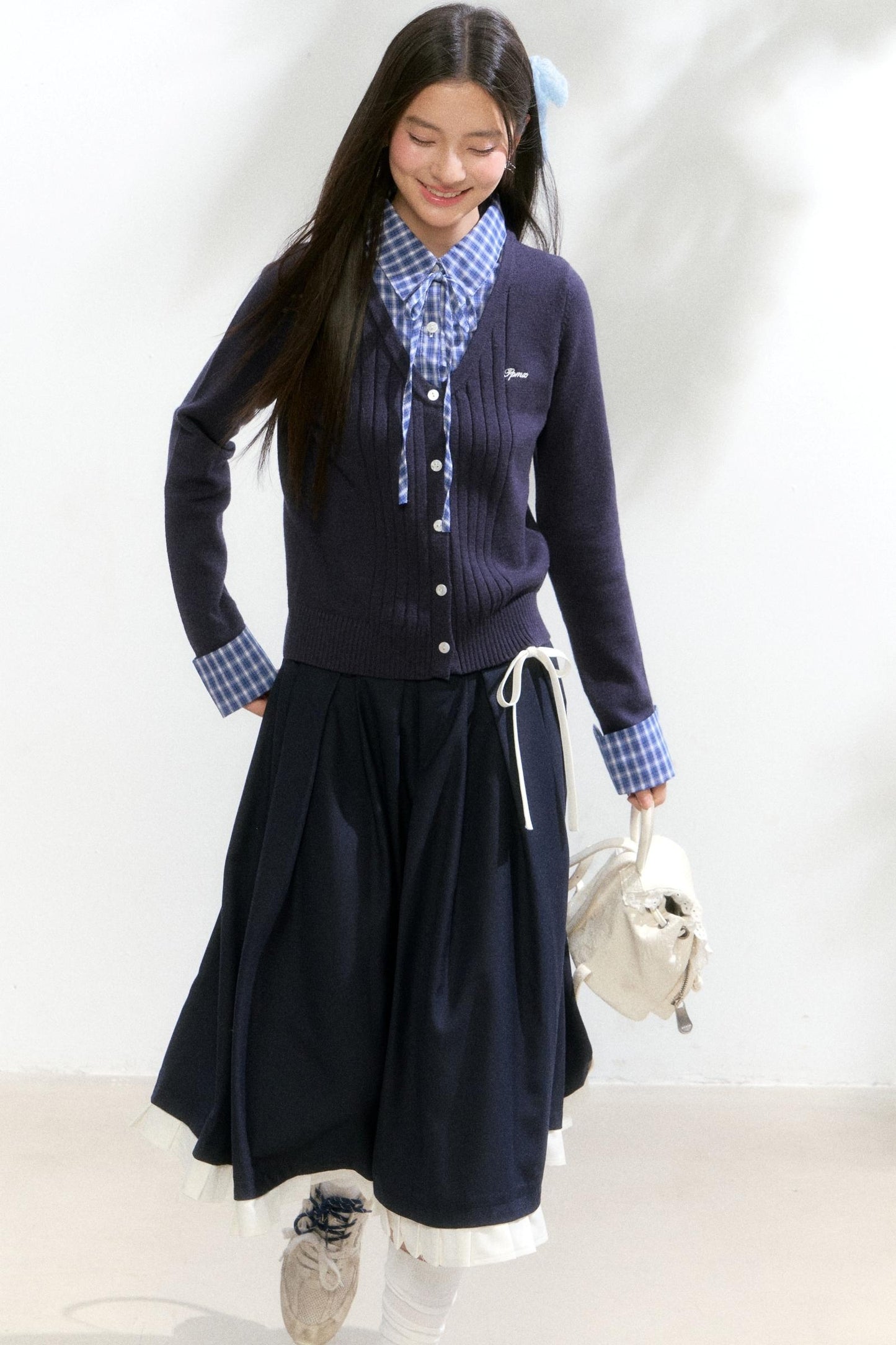 Contrast Layered Knit Pleated Skirt Set-Up