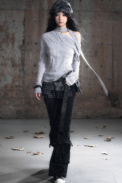 Cross-Print Knit Long Sleeve T-Shirt