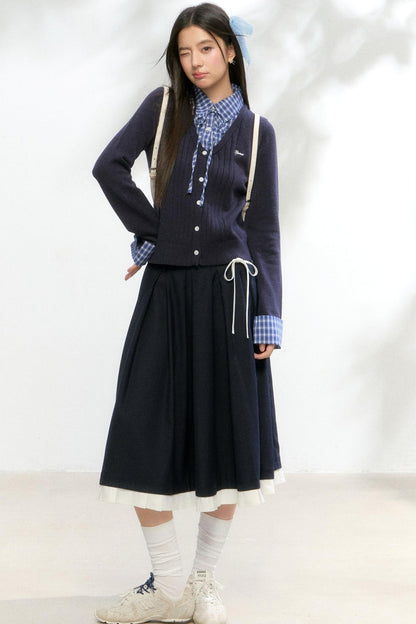 Contrast Layered Knit Pleated Skirt Set-Up