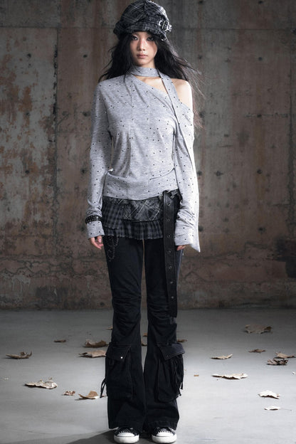 Cross-Print Knit Long Sleeve T-Shirt