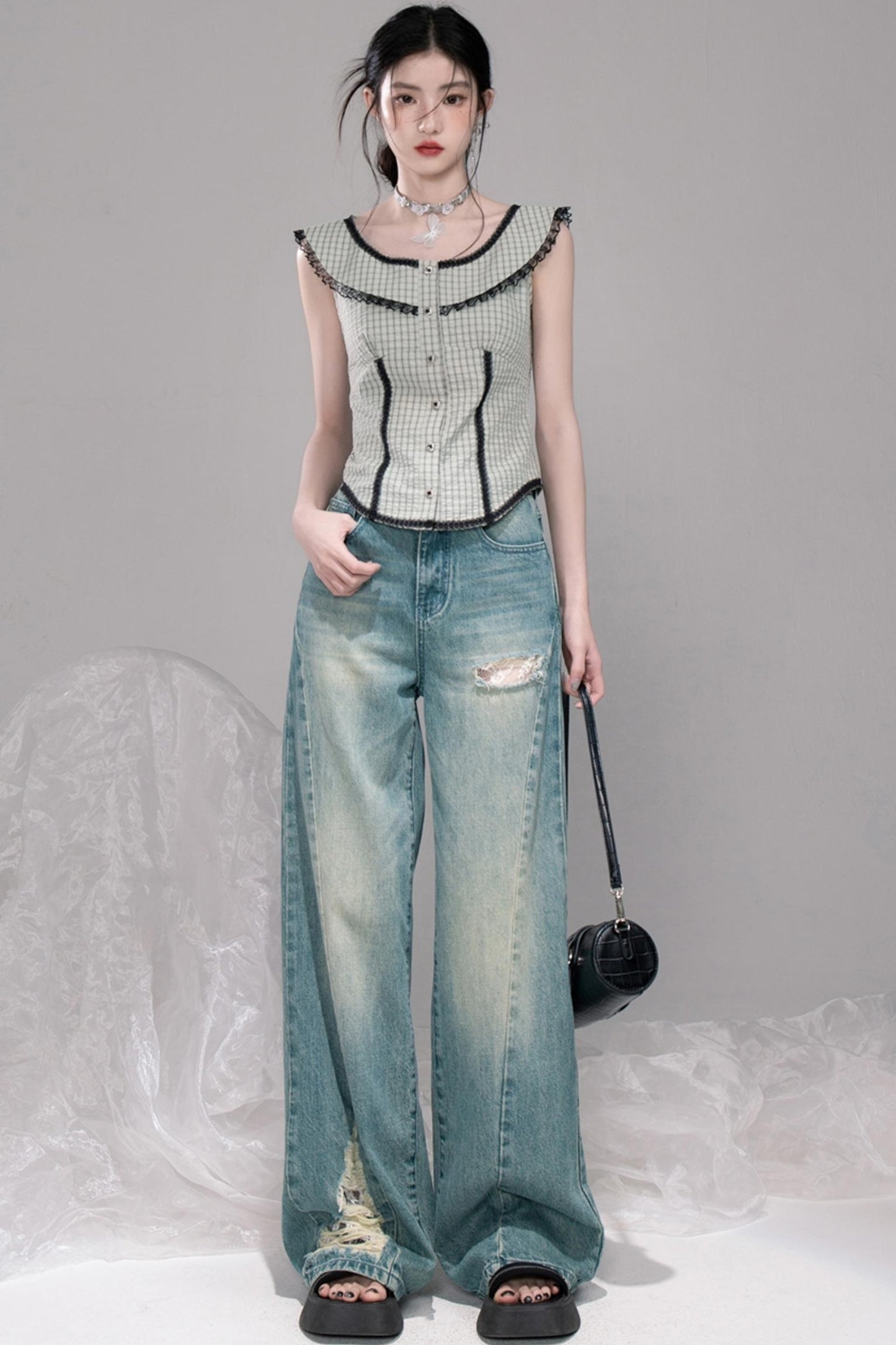 Waisted Green Check Lace Vest