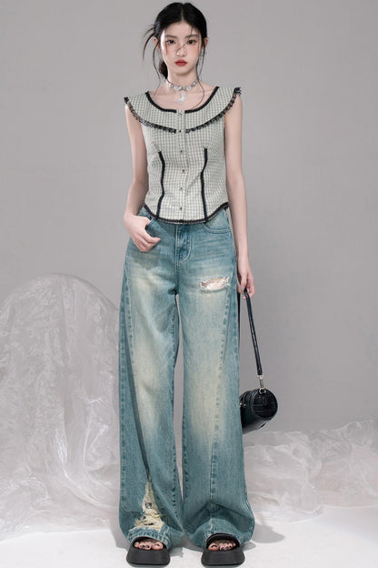 Waisted Green Check Lace Vest