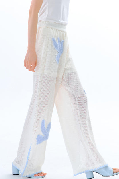 Sun Bird Embroidery Loose Knit Trousers