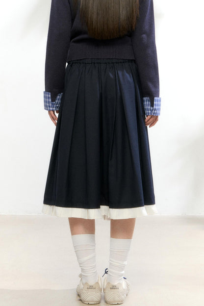 Contrast Layered Knit Pleated Skirt Set-Up