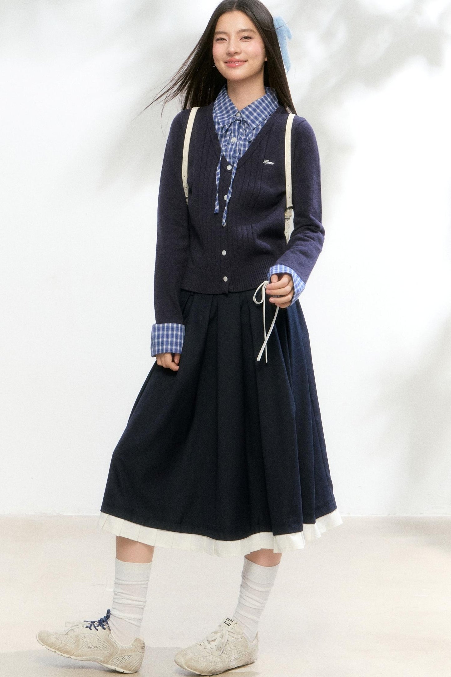 Contrast Layered Knit Pleated Skirt Set-Up