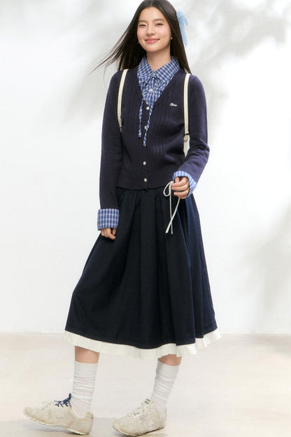 Contrast Layered Knit Pleated Skirt Set-Up