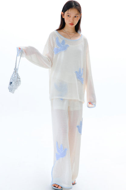 Sun Bird Embroidery Loose Knit Trousers