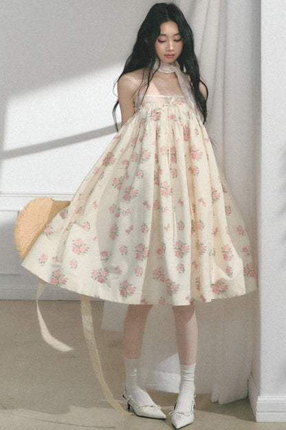 Rose Print Silk Scarf High-Waisted Chic Dress