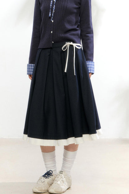 Contrast Layered Knit Pleated Skirt Set-Up