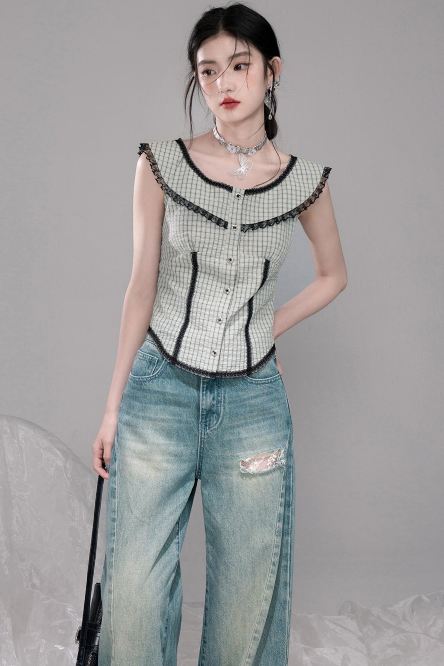 Waisted Green Check Lace Vest