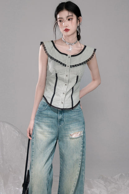 Waisted Green Check Lace Vest