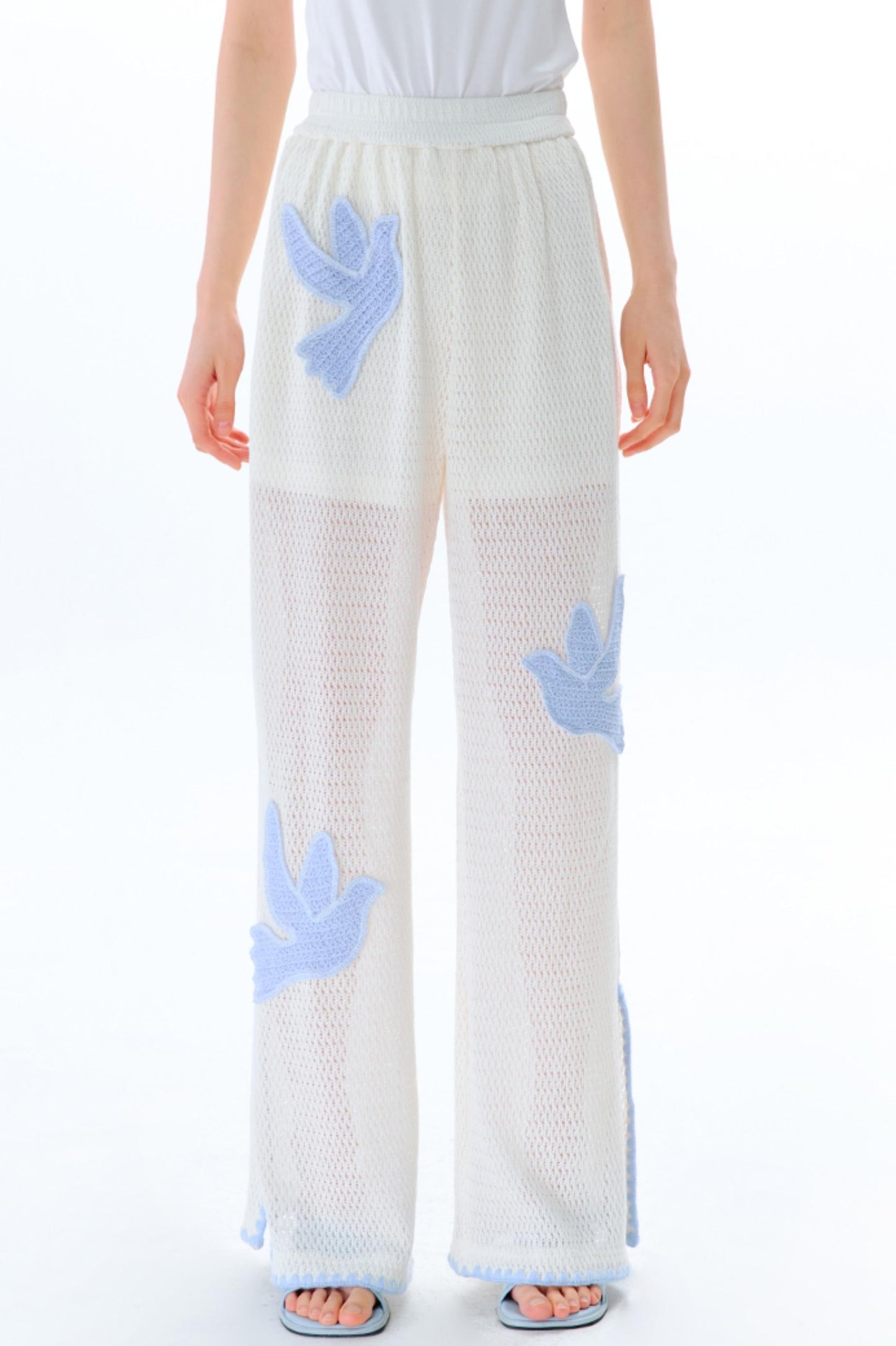 Sun Bird Embroidery Loose Knit Trousers