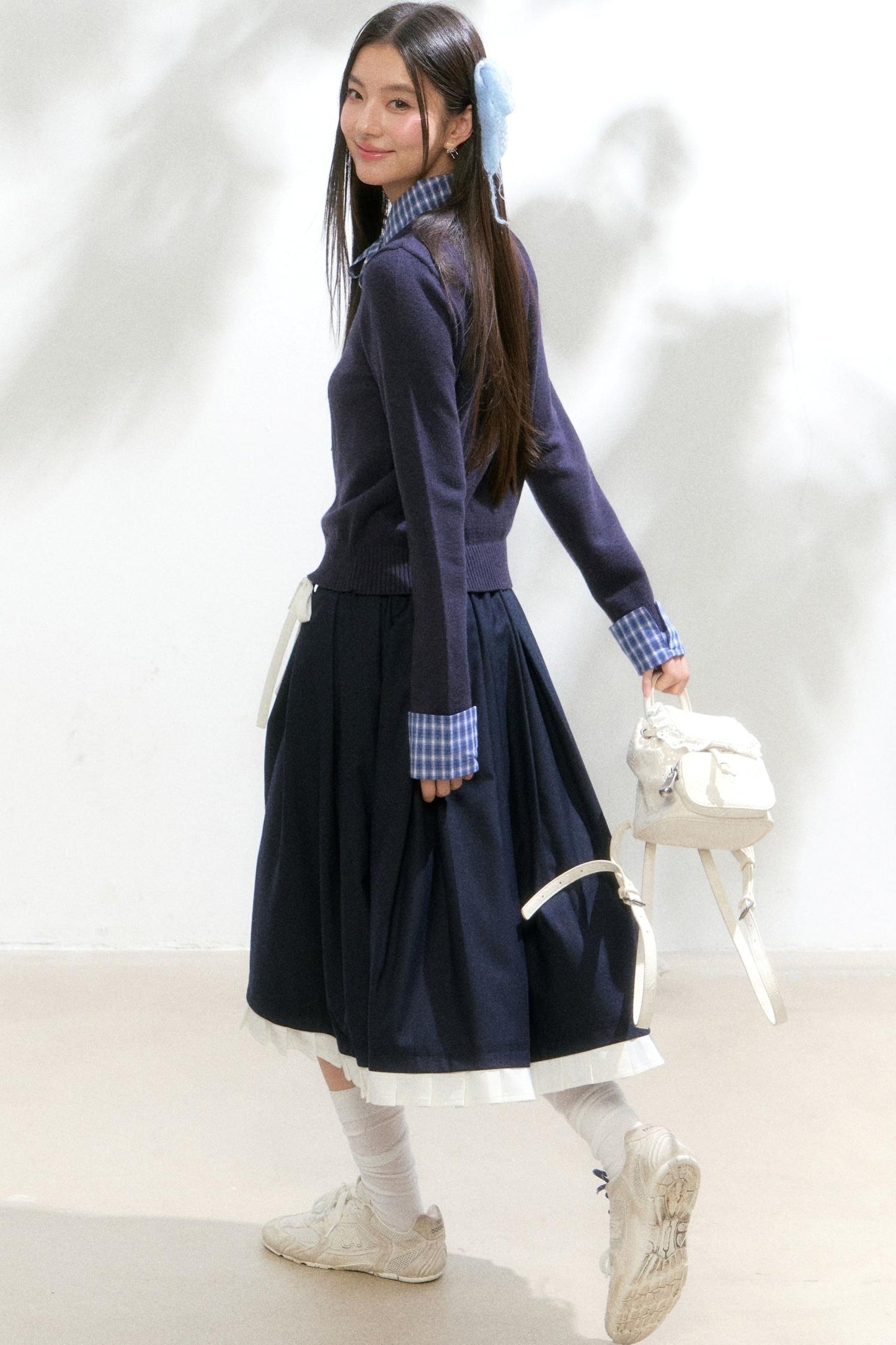 Contrast Layered Knit Pleated Skirt Set-Up