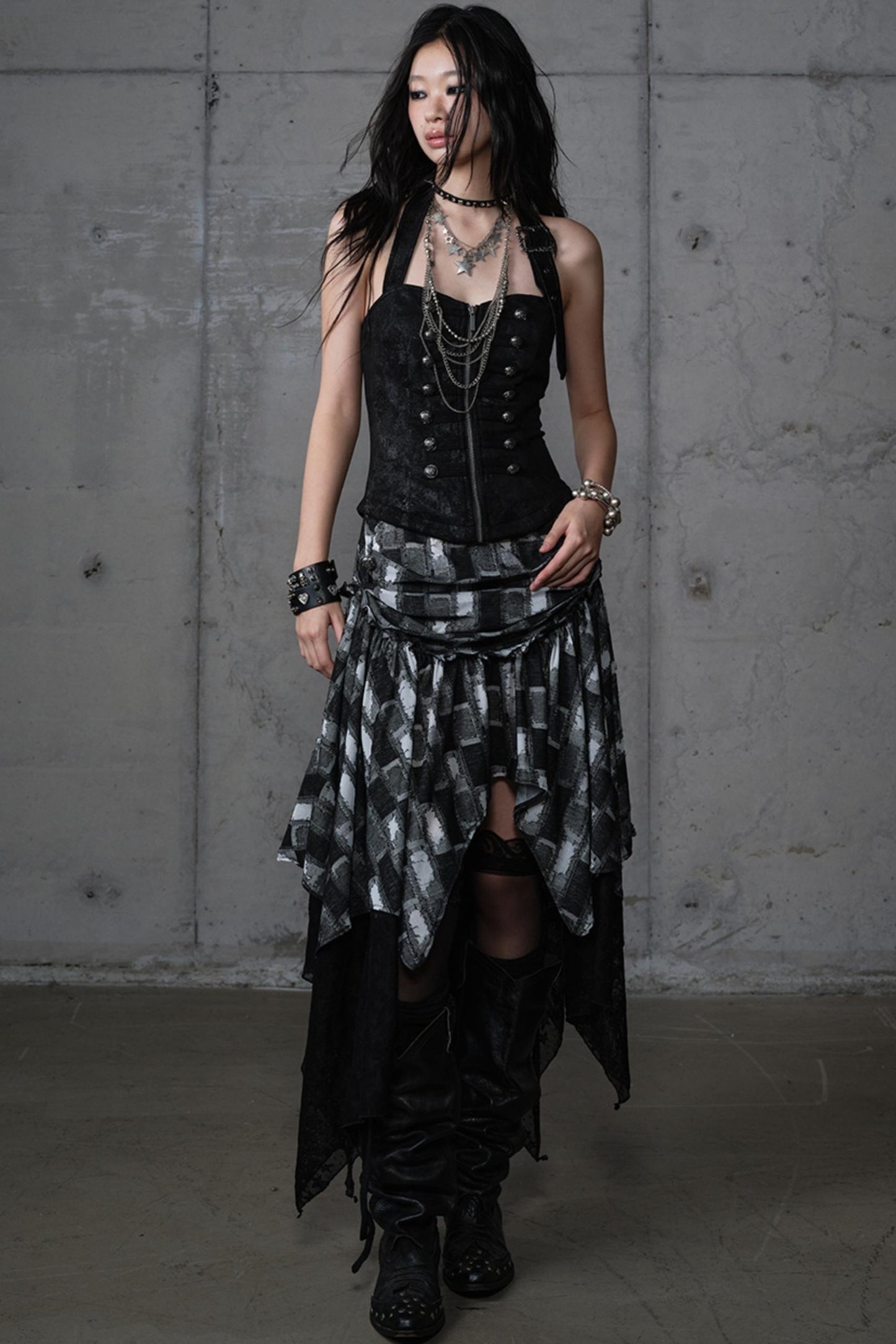 Velvet Irregular Check Bandeau Dress