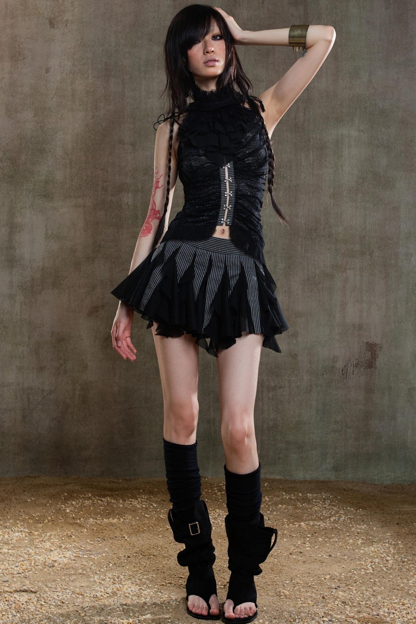 Necklace Accessory Multi-Ruched Lace Halter Top Set