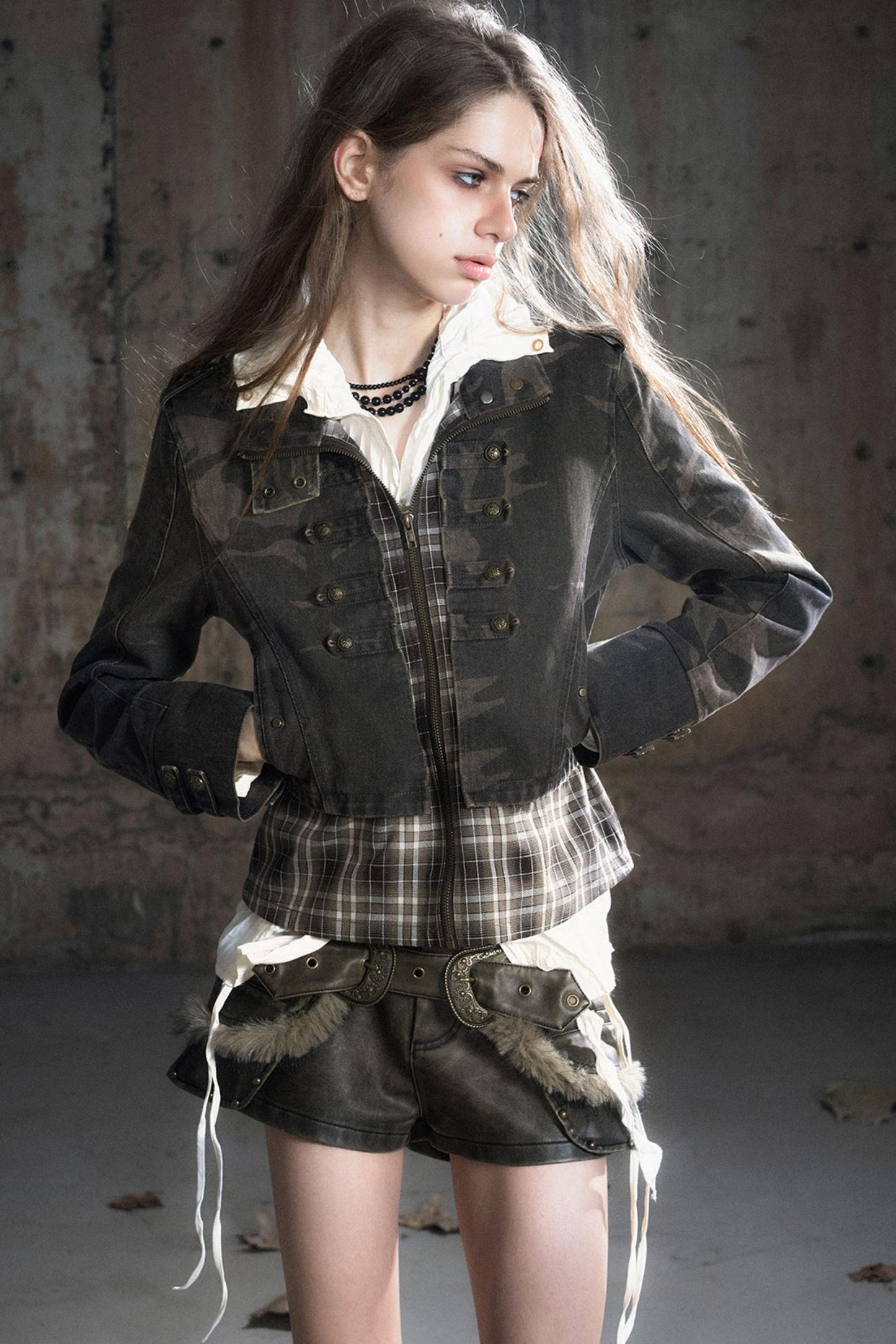 Stand Collar Distressed Patchwork Jacket