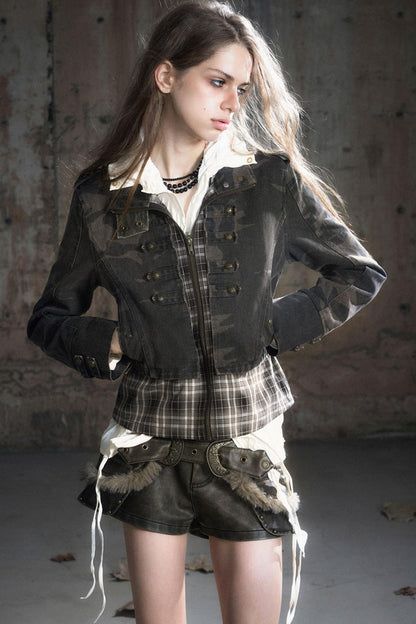 Stand Collar Distressed Patchwork Jacket