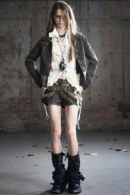 Stand Collar Distressed Patchwork Jacket