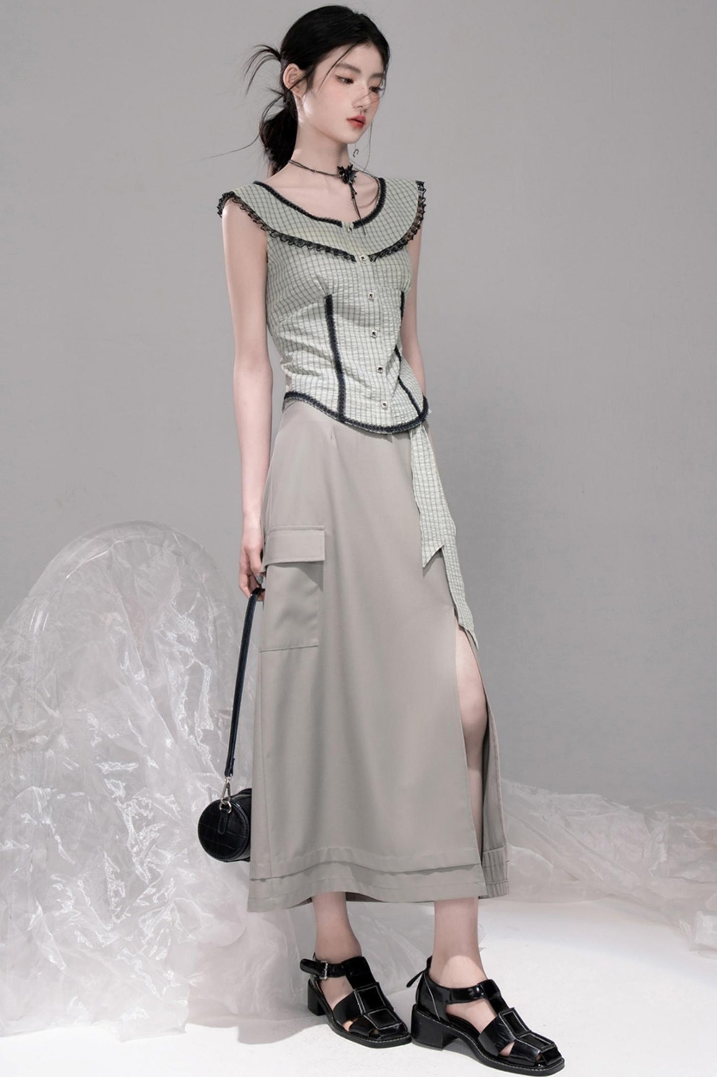 Waisted Green Check Lace Vest