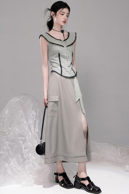 Waisted Green Check Lace Vest