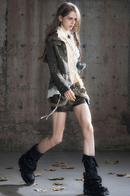 Stand Collar Distressed Patchwork Jacket