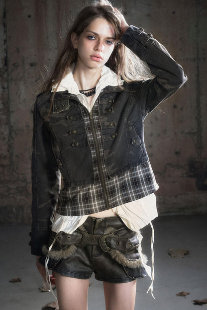 Stand Collar Distressed Patchwork Jacket