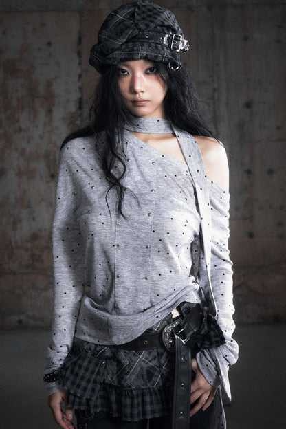 Cross-Print Knit Long Sleeve T-Shirt