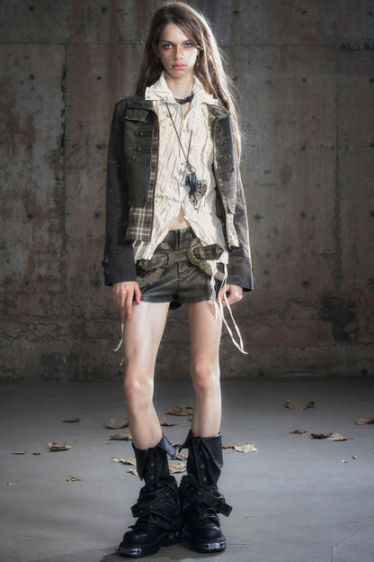 Stand Collar Distressed Patchwork Jacket