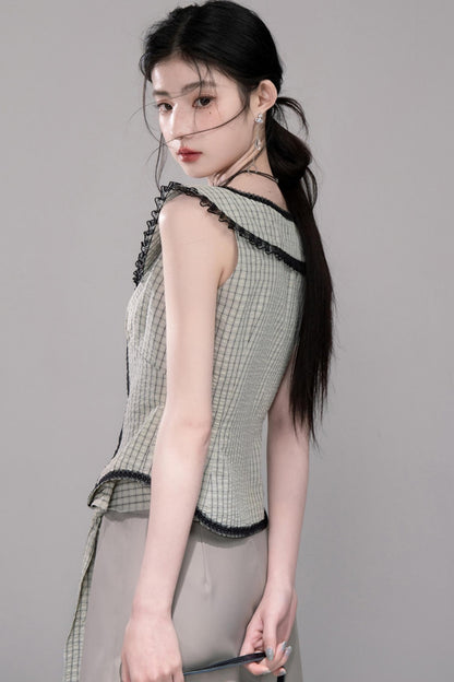 Waisted Green Check Lace Vest