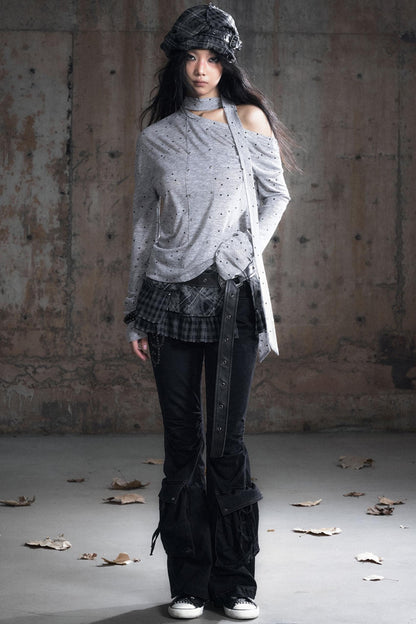 Cross-Print Knit Long Sleeve T-Shirt