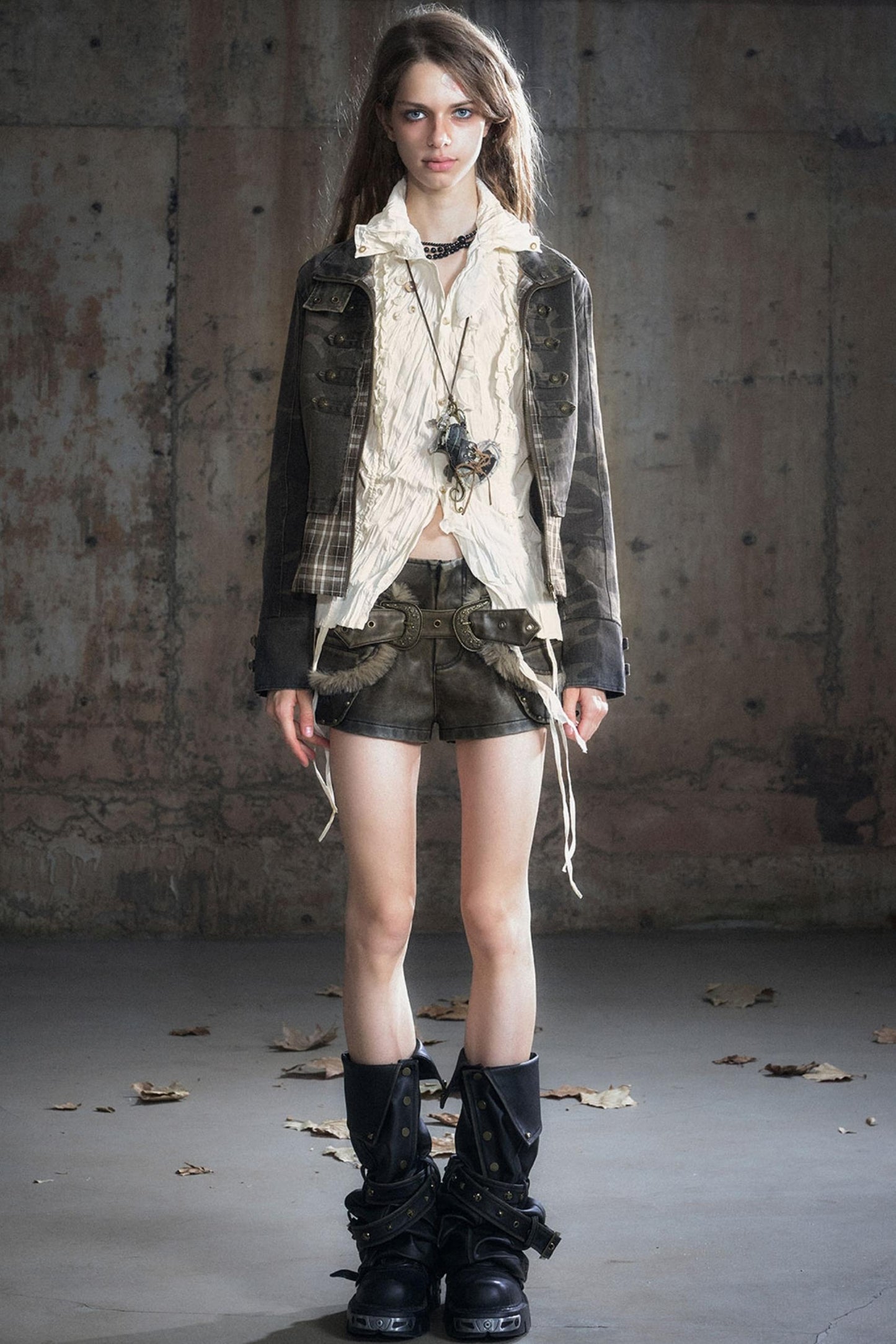 Stand Collar Distressed Patchwork Jacket