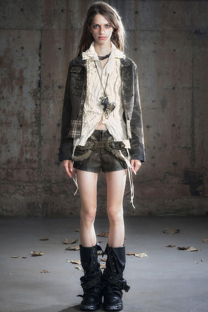 Stand Collar Distressed Patchwork Jacket