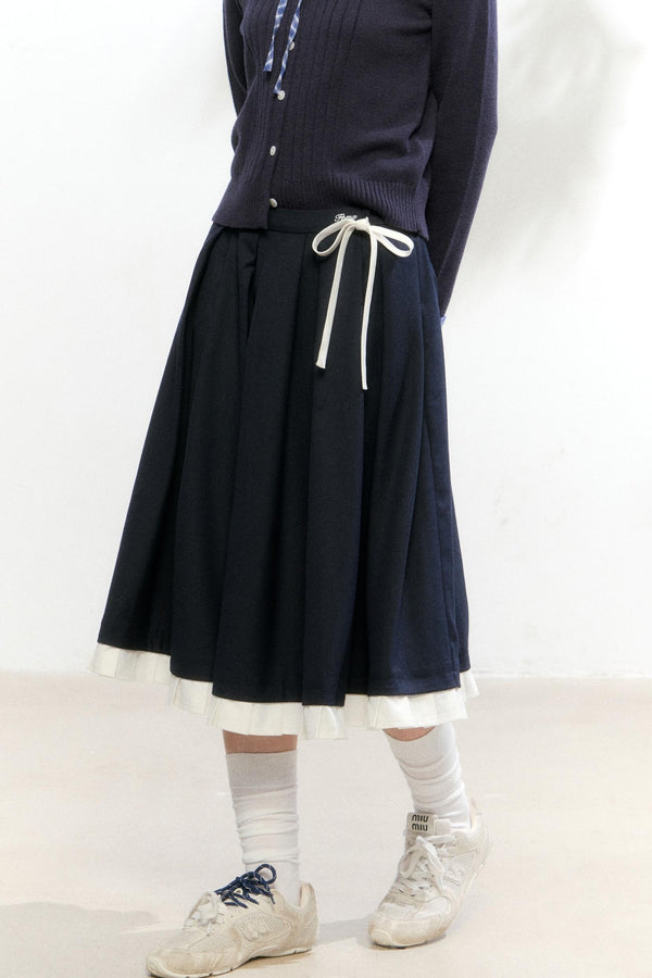 Contrast Layered Knit Pleated Skirt Set-Up