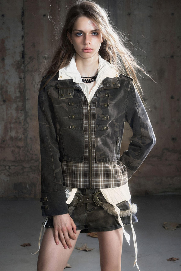 Stand Collar Distressed Patchwork Jacket
