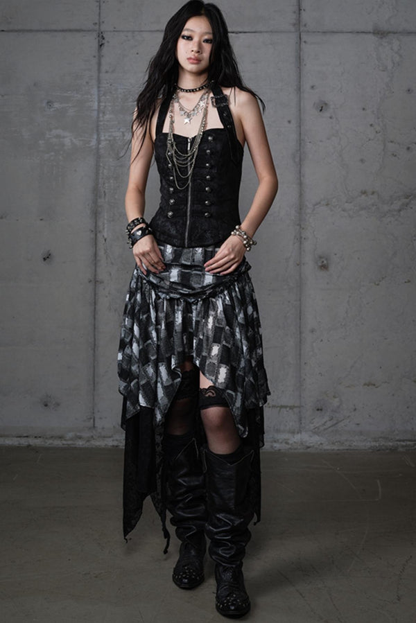 Velvet Irregular Check Bandeau Dress